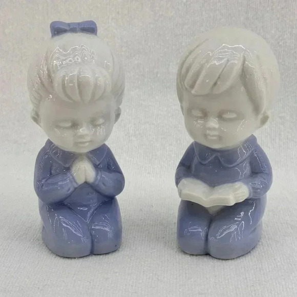 Other - Vintage Praying Kneeling Boy Girl Figurine Blue White Ceramic Children Set